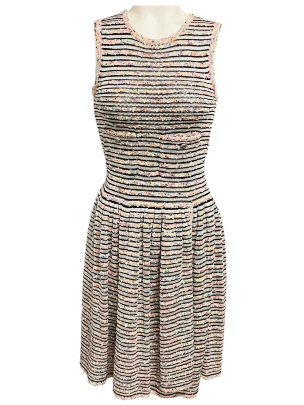 CHANEL MULTICOLOR STRIPED KNIT SLEEVELESS FLARED DRESS WITH CC LOGO BUTTONS